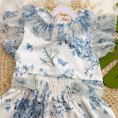 Vestido com Flores Azuis com Babados - Off White
